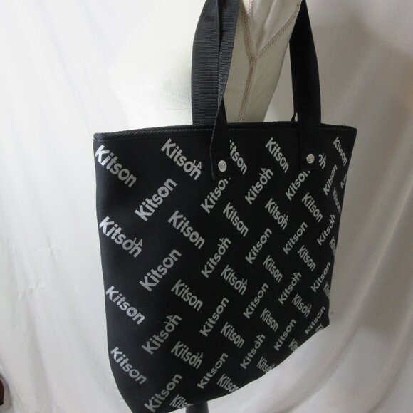 Kitson L.A. Neoprene Tote Bag Large Black and Silver Shoulder Handle Blue Lining - Picture 10 of 11